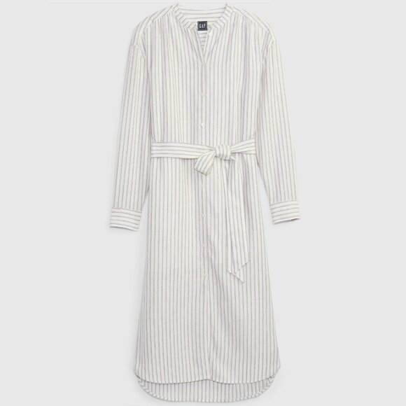 Gap Linen Blend Belted Shirtdress Sundress Button Down Striped Ivory Rayon - Picture 4 of 8